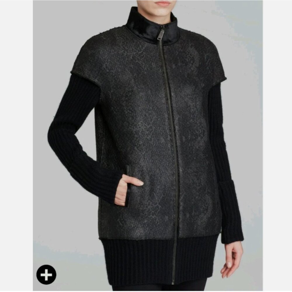 Elie Tahari Cynthia Coat Merino Wool Leather Calf Hair Sweater Size M $698 NWT